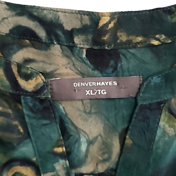 Denver Hayes Abstract Green Tan Floral Print Lightweight Semi Sheer Blouse Sz XL - Picture 6 of 13